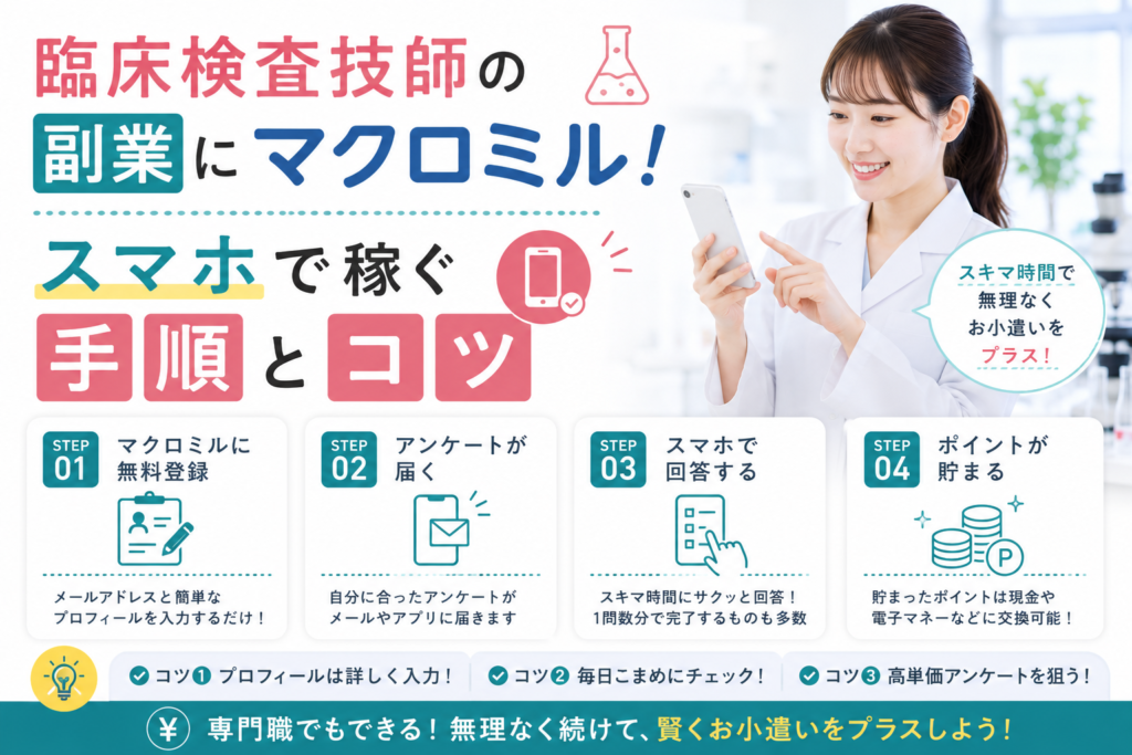 臨床検査技師の副業にマクロミル！スマホで稼ぐ手順とコツ